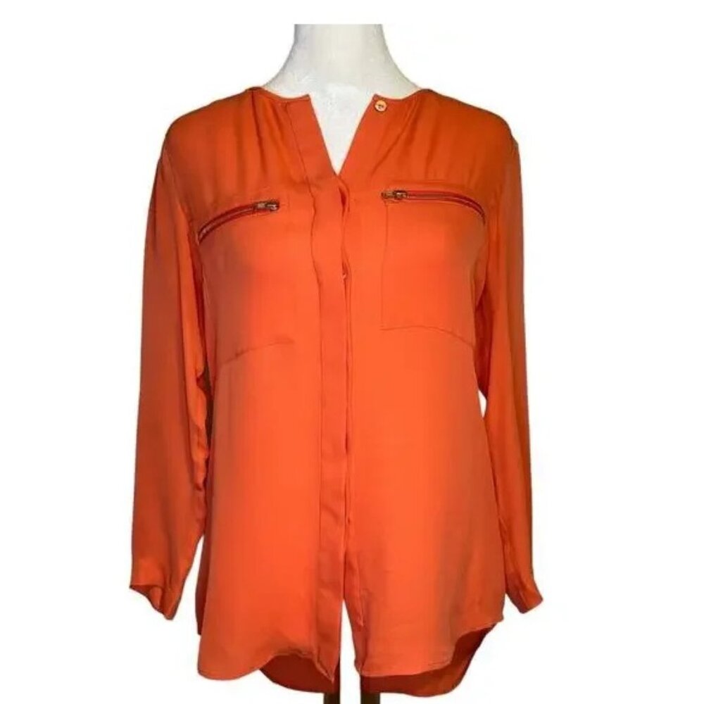 Theory coral three-quarter sleeve button down silk blouse size P